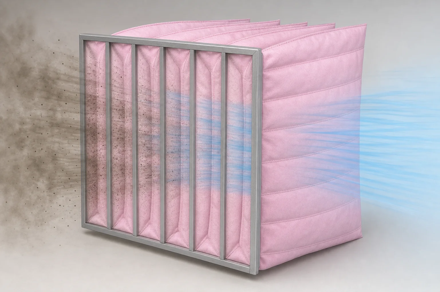 Ảnh AI dựa trên sản phẩm VAF minh họa nguyên lý giữ bụi của Bag Filter sáu túi